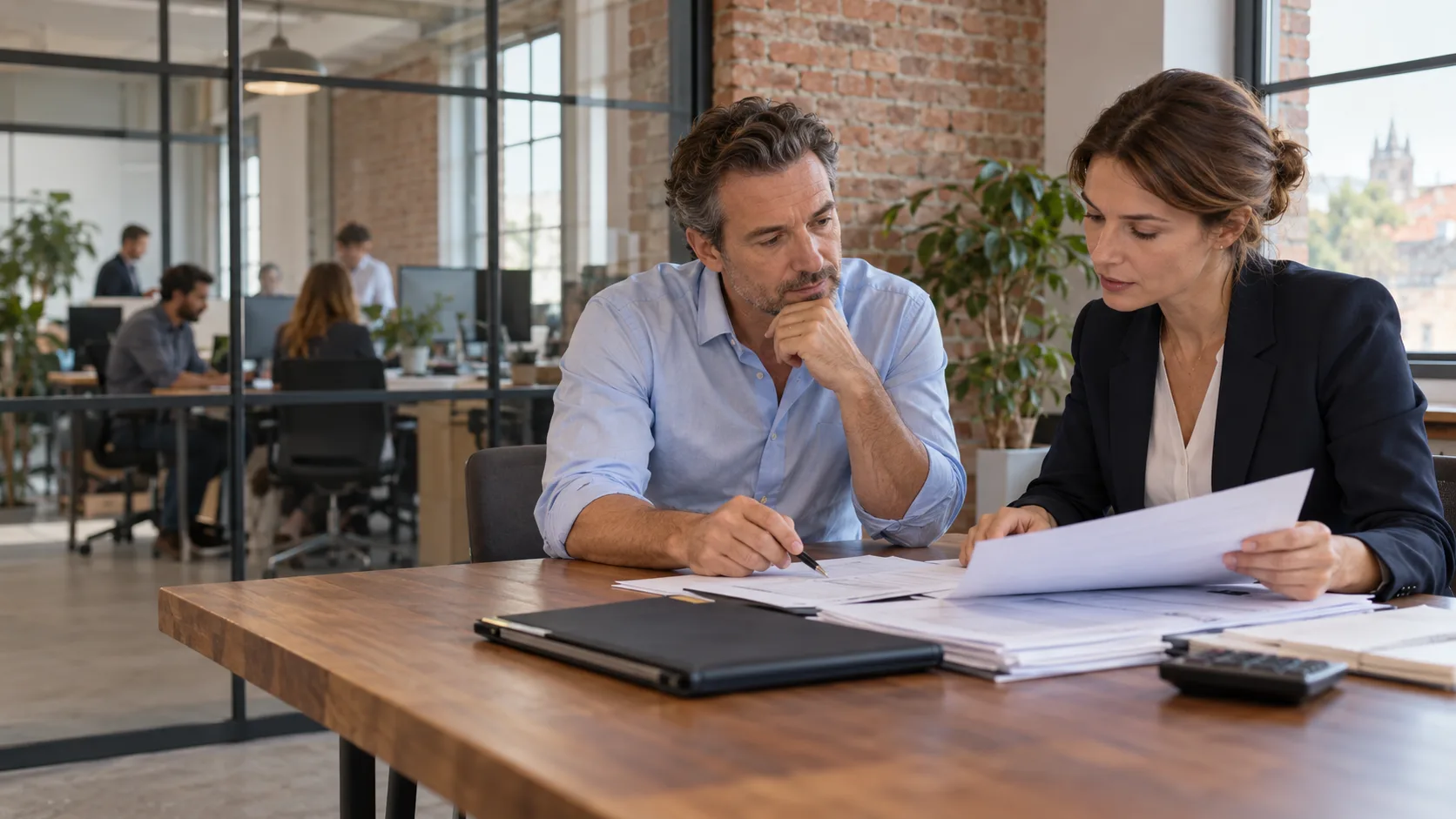 Un homme et une femme examinent des documents comptables dans un bureau vitré, avec une équipe à l'arrière-plan.