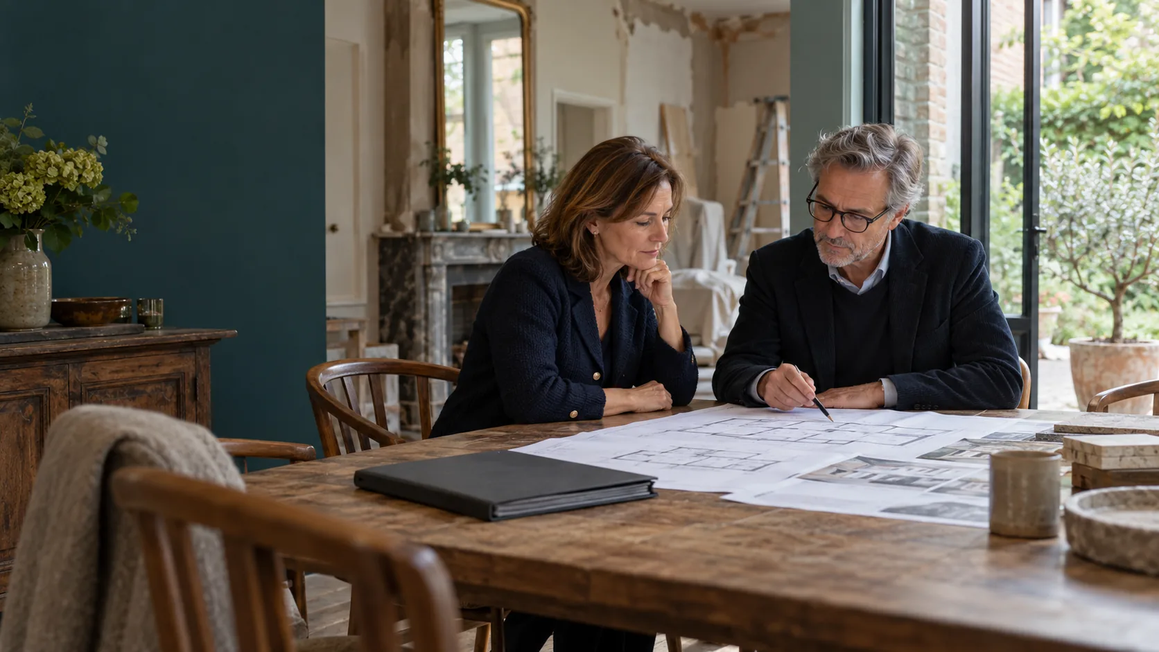 Une femme et un homme examinent des plans à une table en bois dans une maison en rénovation.