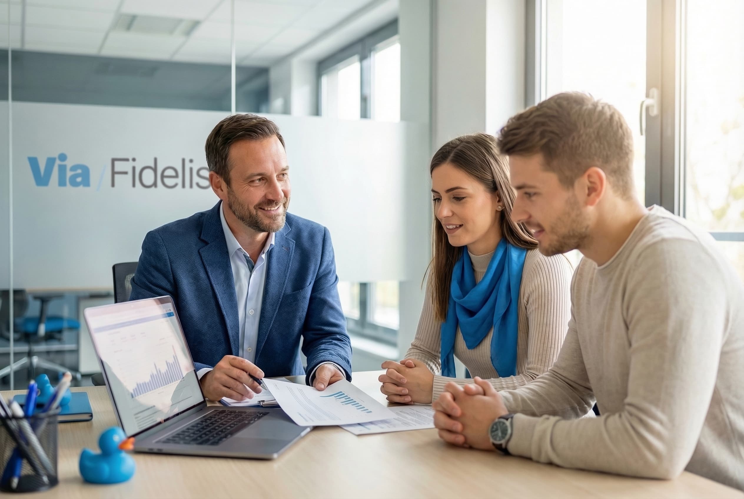Conseiller ViaFidelis présentant les services financiers à un couple dans le bureau