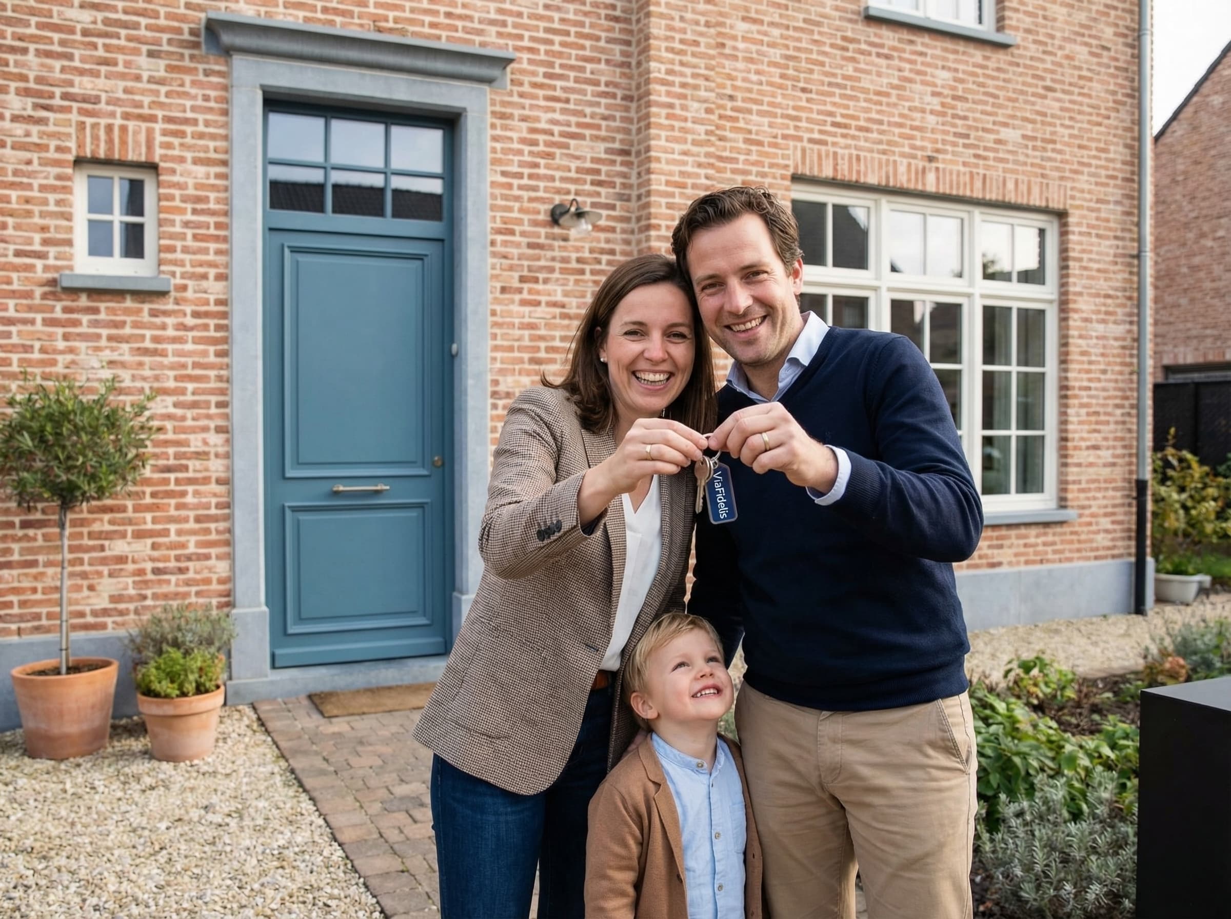 Famille protégée par une assurance habitation devant leur maison en Belgique