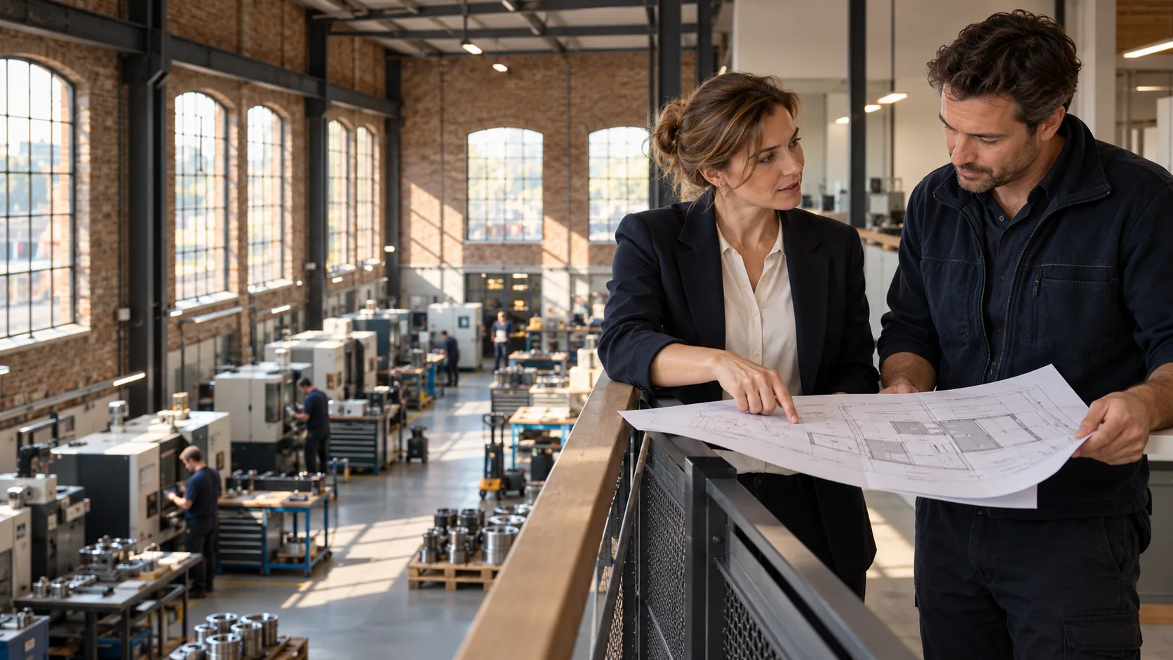 Deux personnes examinent un plan depuis une mezzanine donnant sur un atelier de production.