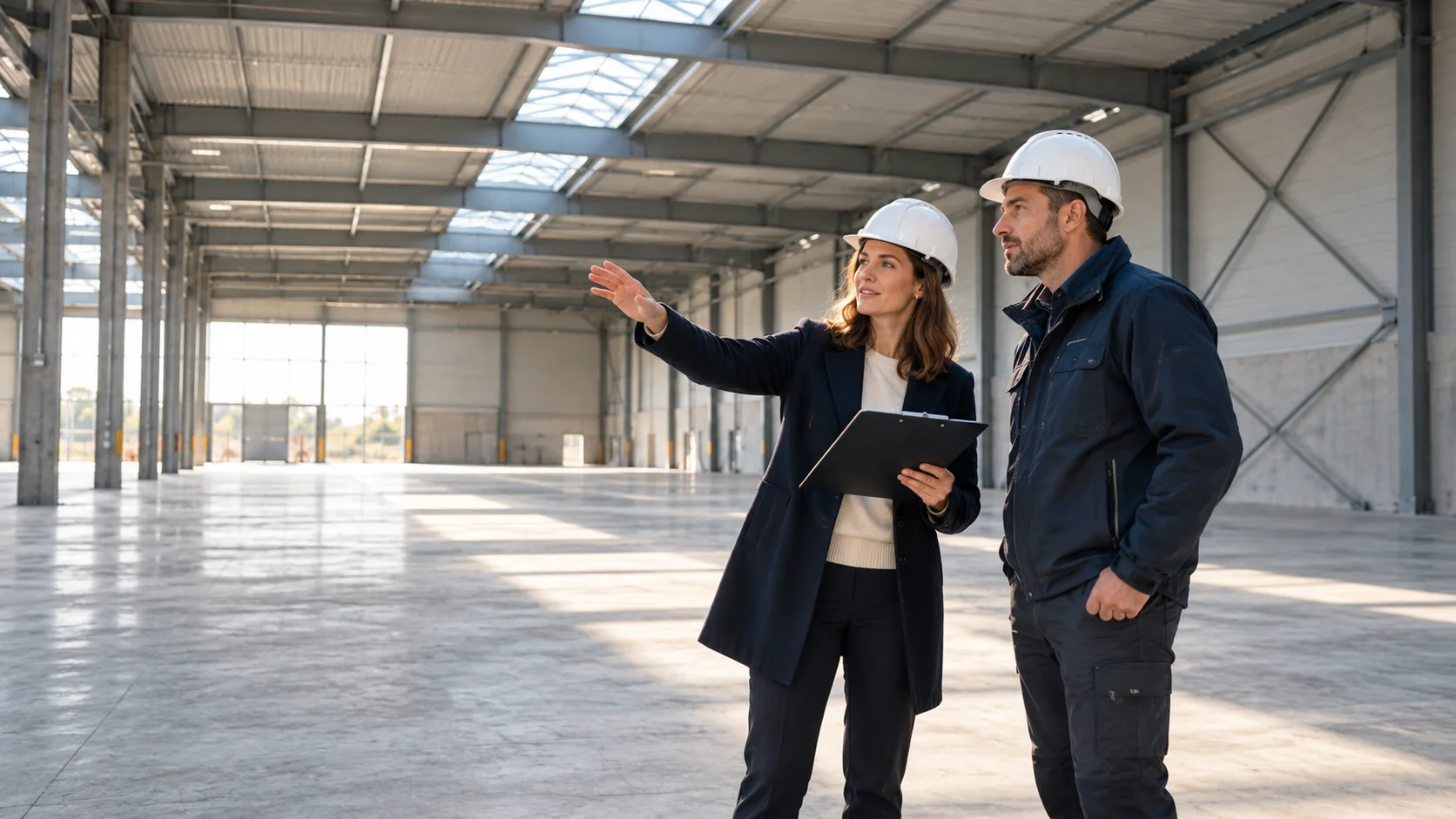 Deux personnes portant un casque de chantier visitent un grand local industriel vide et consultent un dossier.