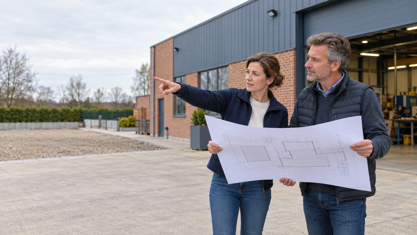 Deux personnes examinent un plan d'extension devant un atelier en briques et en métal, au bord d'une cour dégagée.