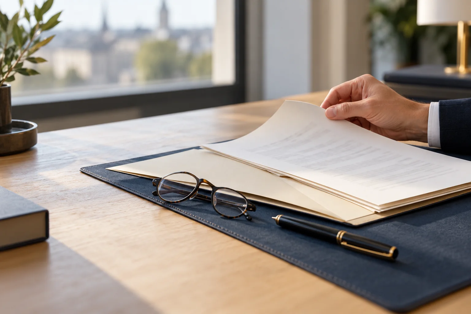Une main consulte un document posé près d'un stylo et de lunettes.