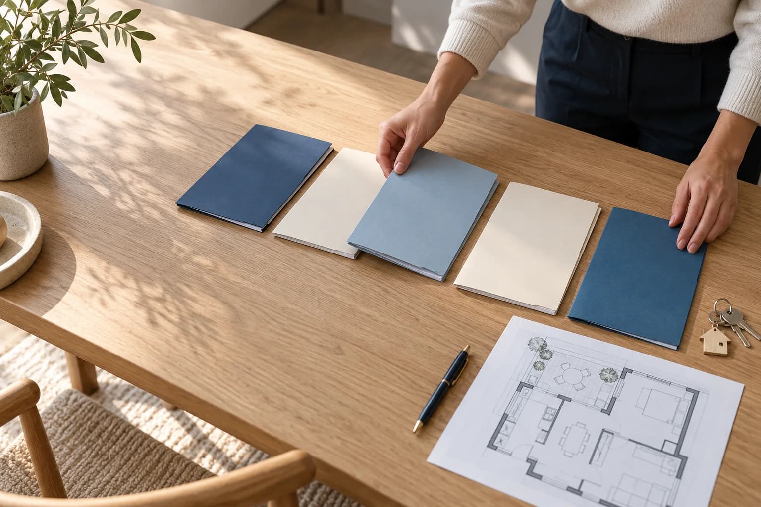 Des mains organisent cinq dossiers sur un bureau, à côté d'un plan et de clés.