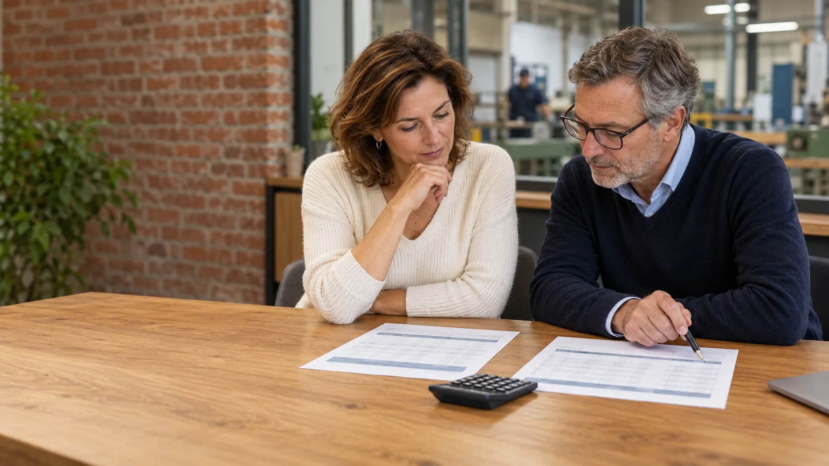 Une femme et un homme comparent deux documents à une table, avec une calculatrice et un atelier en arrière-plan.